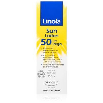 Linola Sun Lotion SPF50 crema pentru bronzat pentru piele uscata spre atopica