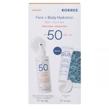 Pachet Spray fata si corp cu protectie solara SPF50 150ml + Gel After Sun 50ml Yoghurt Sun, Korres